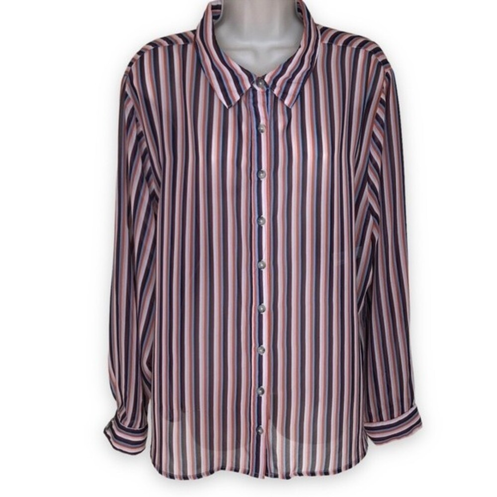 Wild Fable Semi Sheer Multi Stripe Button Up Long Sleeve Blouse Women Size 1X